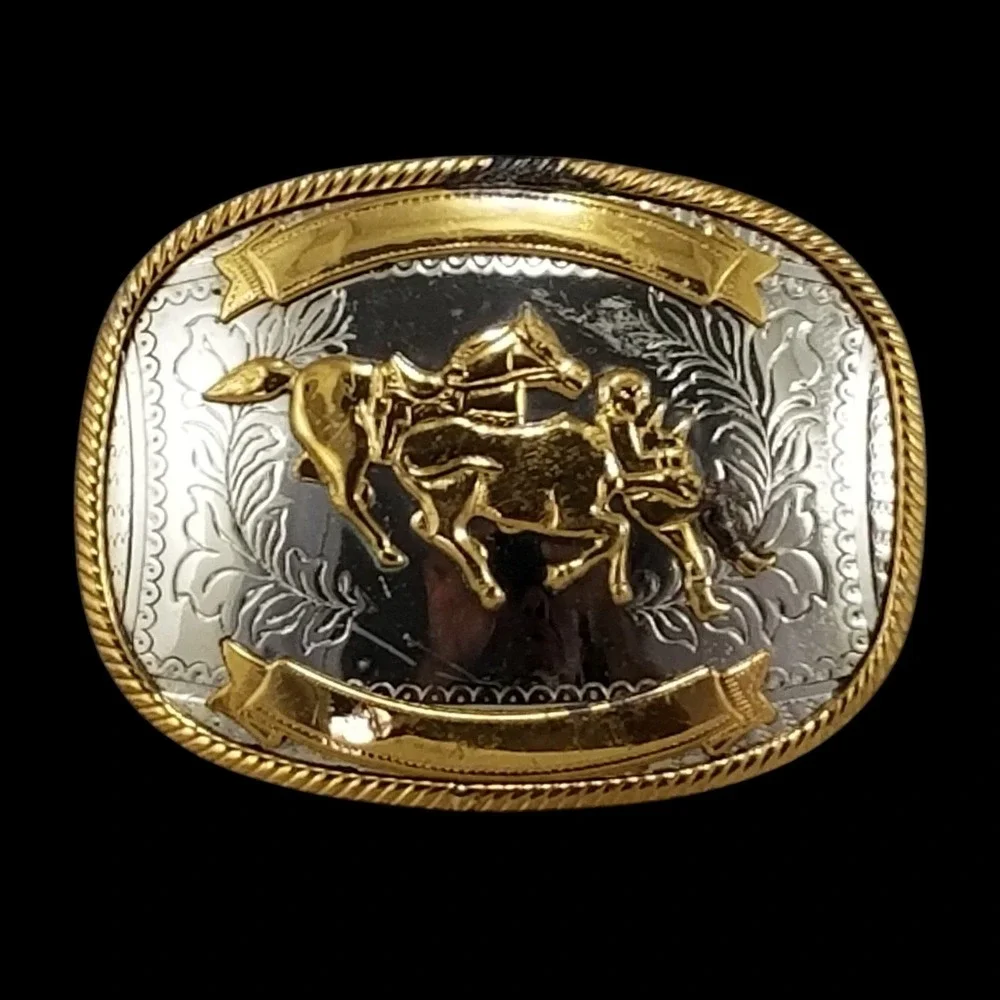 Vintage Belt Buckle Steer Wrestling German‎ Silver Gold Rodeo Western Oval